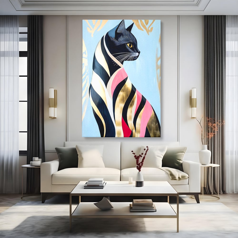 Tablou canvas cu tablou canvas cu pisica neagra stilizata, fara rama, pe sasiu de lemn, pe perete intr-un living